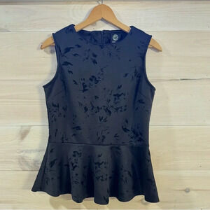Bobeau Sleeveless Burntout Black Floral Flocked Peplum Top Size Medium